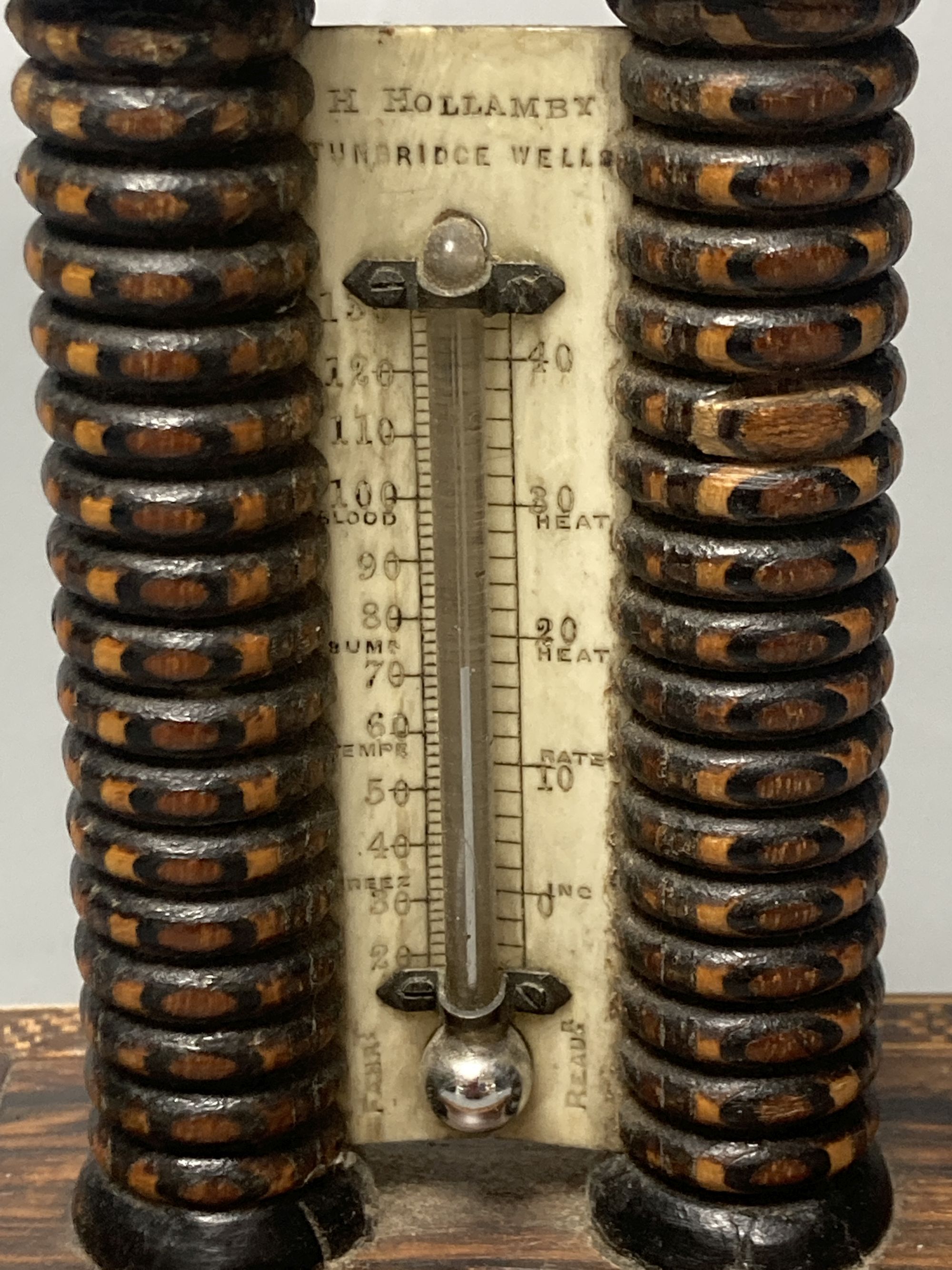 A Tunbridge ware rosewood stickware and tesserae mosaic twin tower thermometer by Henry Hollamby, 12.5cm